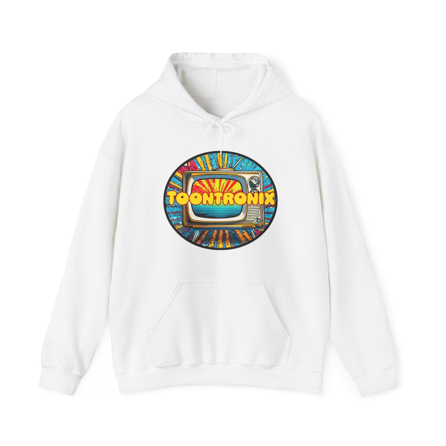 Unisex Toontronix Donut Hoodie with colorful graphic, featuring a kangaroo pouch pocket and adjustable drawstring hood, perfect for casual wear.