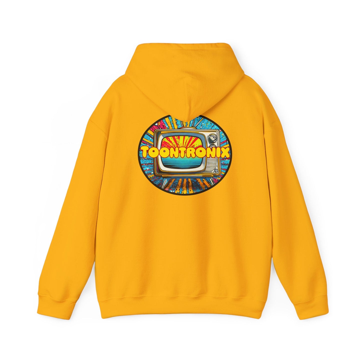 Toontronix TV Hoodie in yellow with retro TV graphic on back, unisex heavy blend, kangaroo pocket.