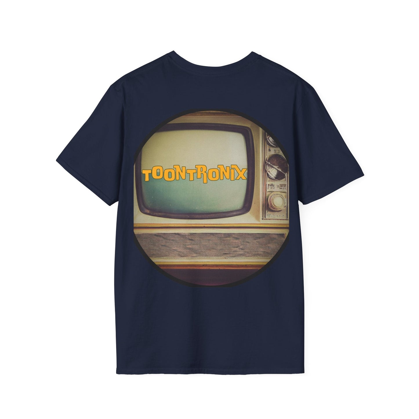 Toontronix Atomic Tv Tee with vintage cartoon design on navy background.