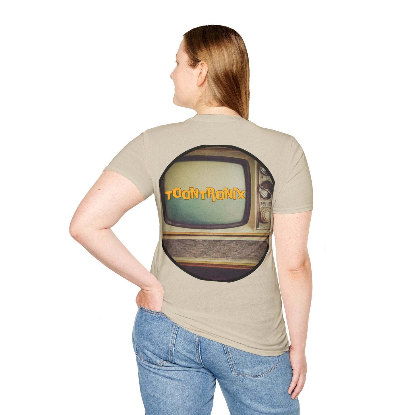 Toontronix Atomic Tv Tee with vintage cartoon design on back, worn by model; retro and playful style.