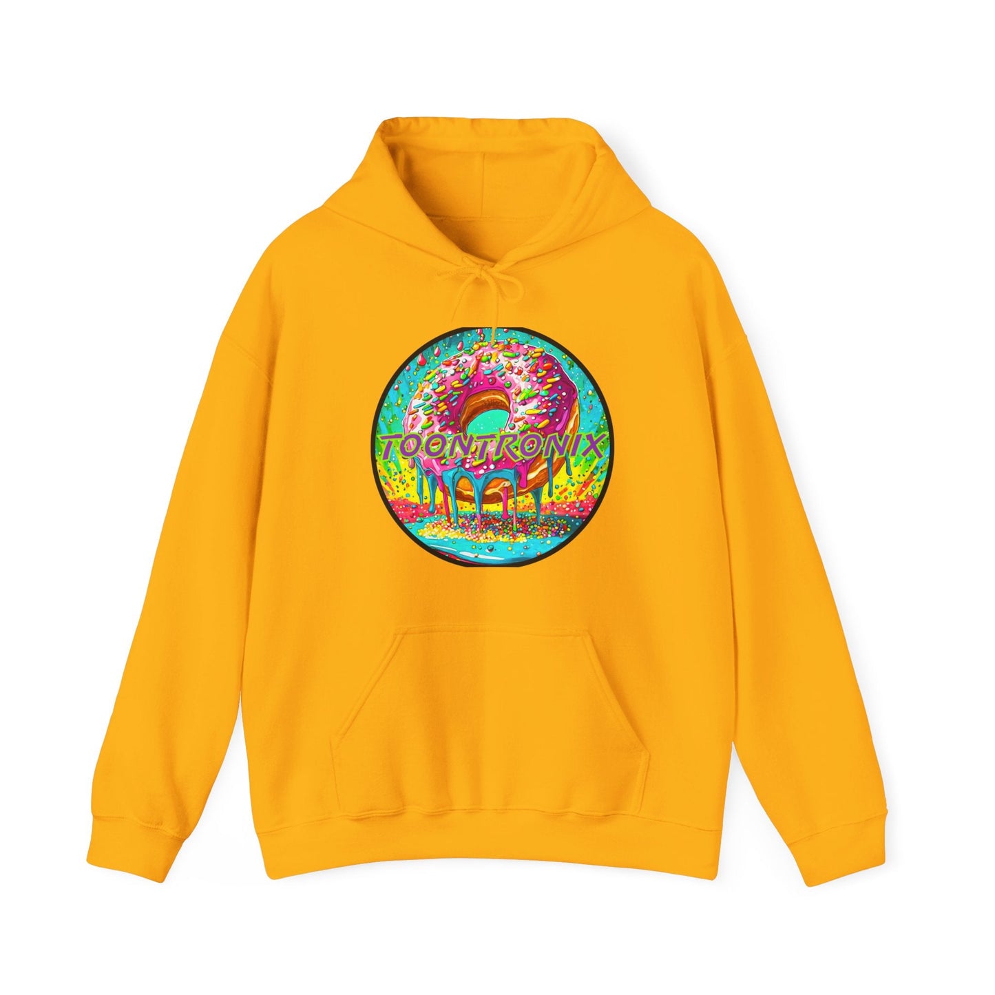 Unisex Toontronix Donut Hoodie in heavy blend fabric, featuring a vibrant donut design on a mustard yellow background.