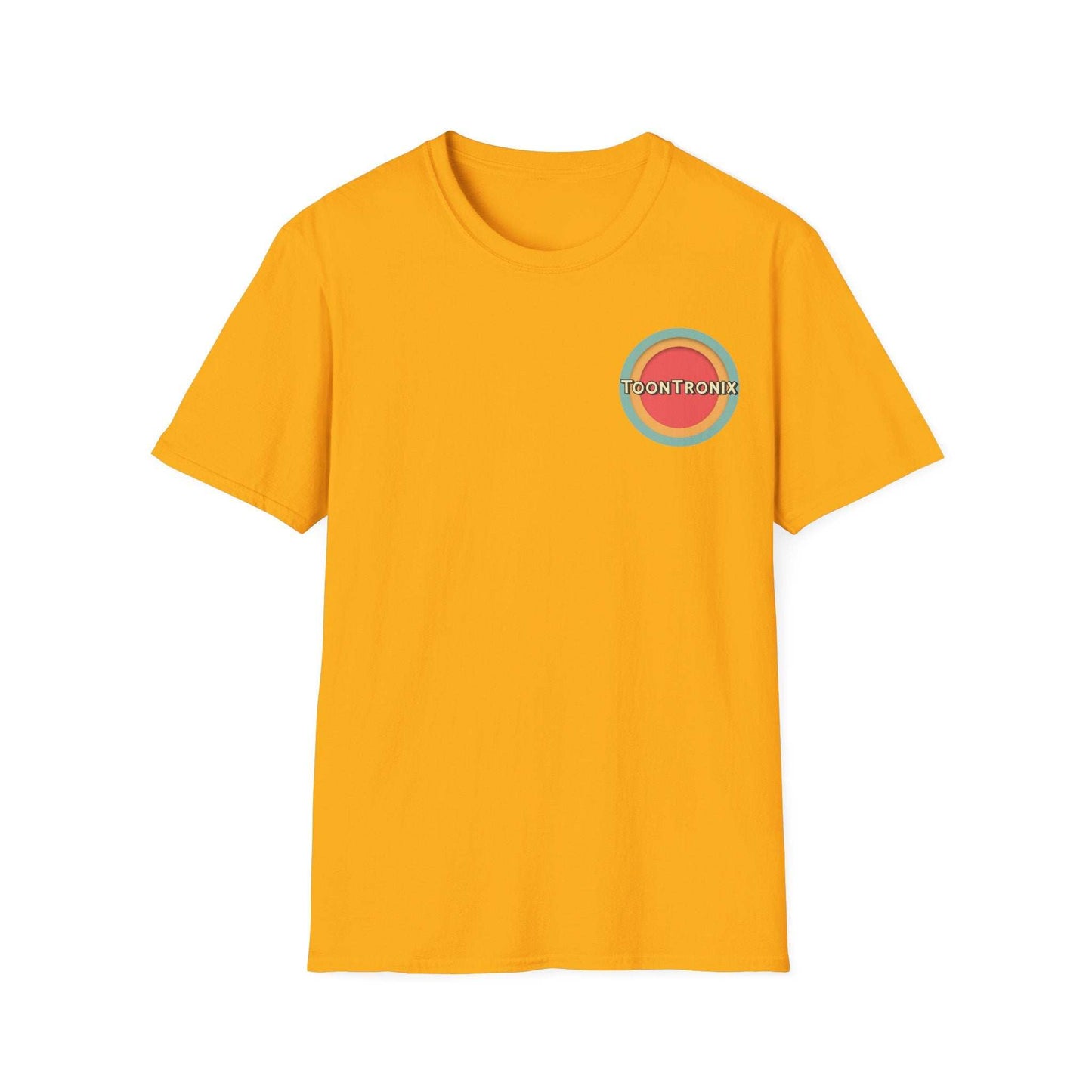 Yellow Toontronix Toons Logo Tee with ribbed collar, 100% cotton, featuring colorful logo for casual and comfortable wear.