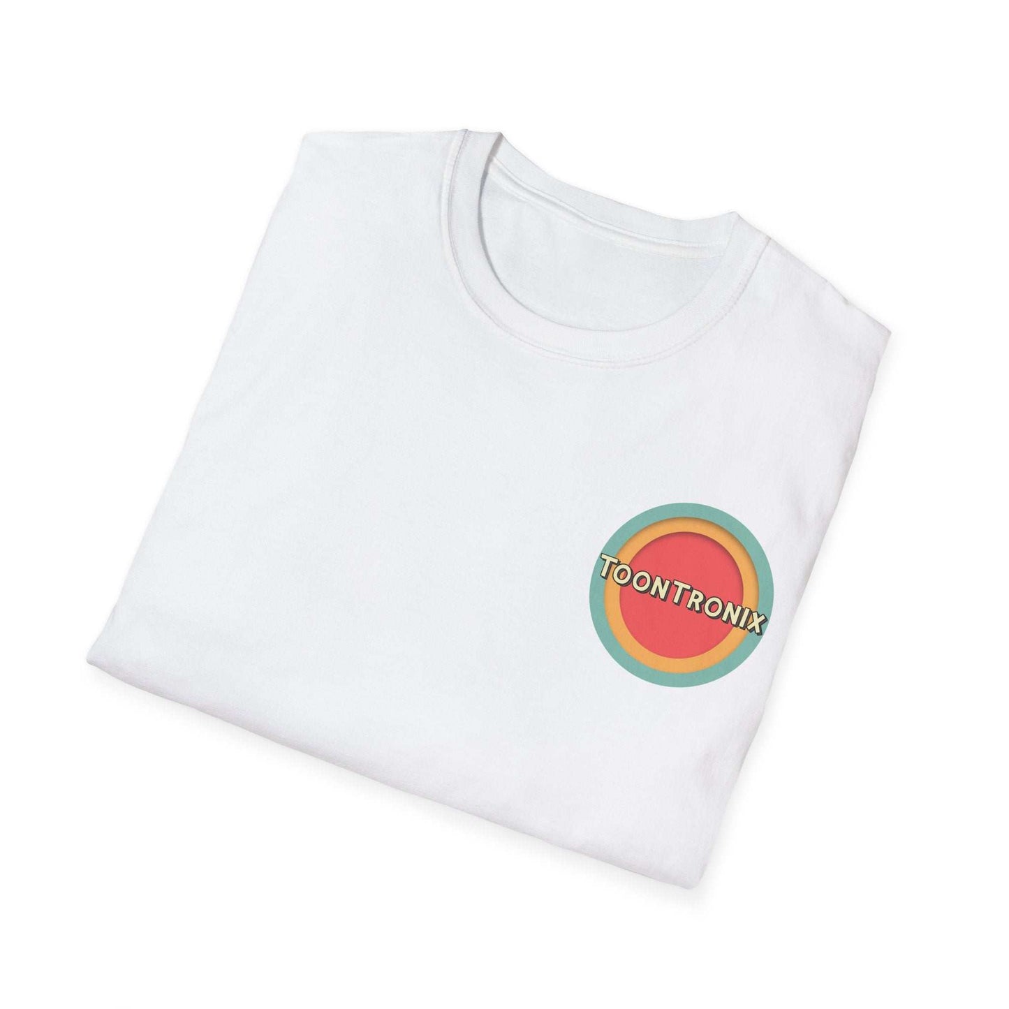 Toontronix Toons Logo Tee with classic fit and ribbed collar, featuring colorful logo design on white fabric.