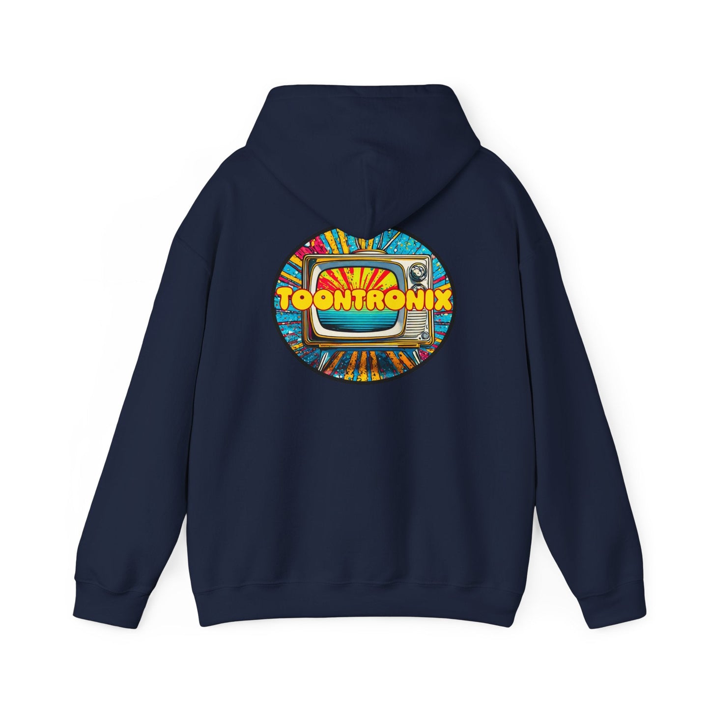 Unisex Toontronix TV Hoodie with colorful TV logo, heavy blend sweatshirt, classic fit.