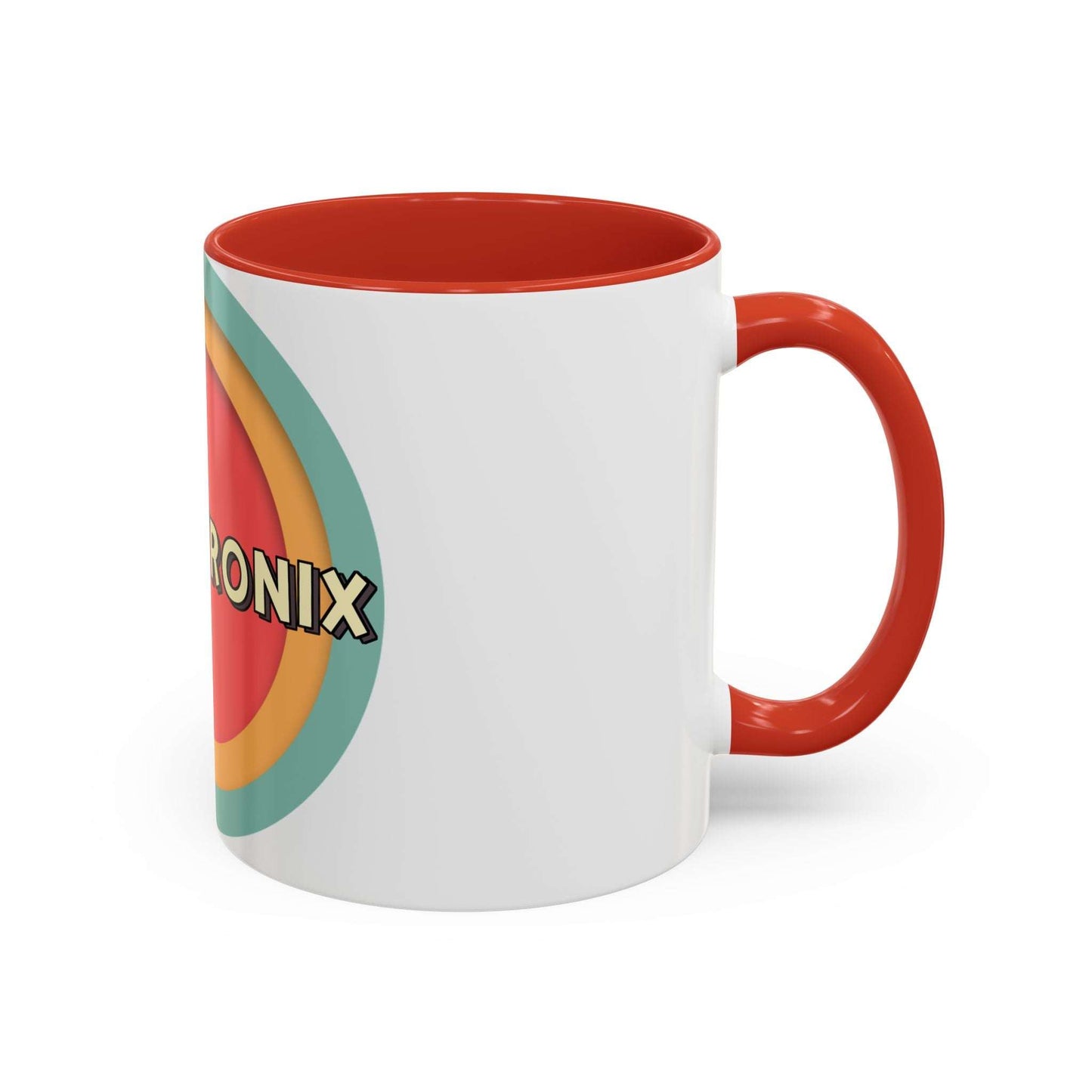 Toontronix Coffee Mug with colorful interior and handle, durable white ceramic, 11oz and 15oz.