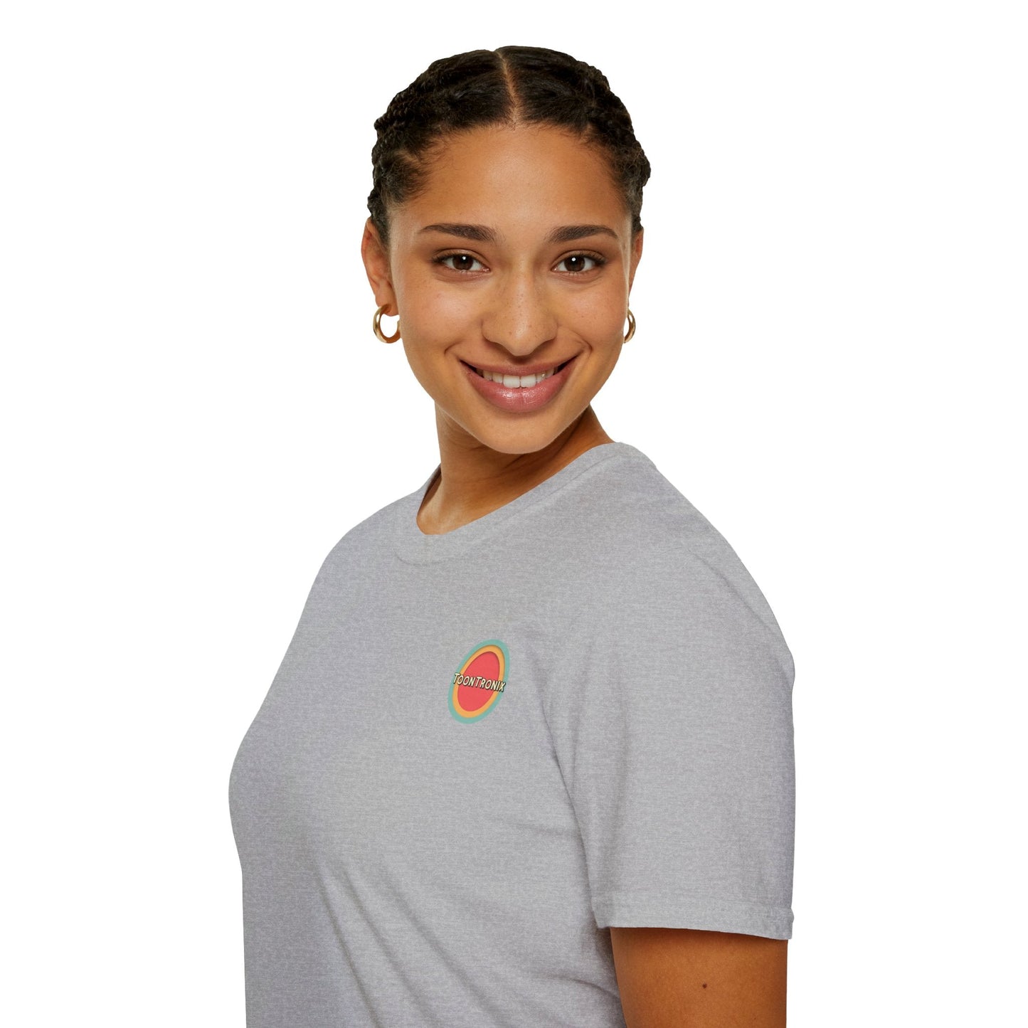 Toontronix Atomic Tv Tee featuring a playful retro design, worn by smiling model.