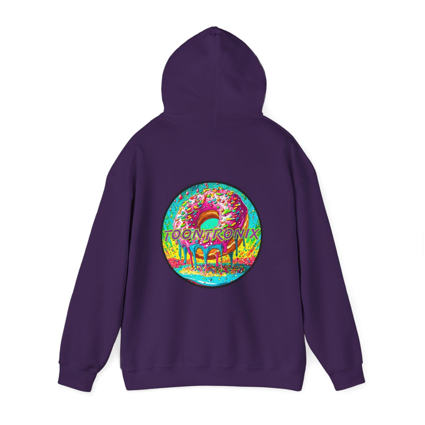 Toontronix Donut Hoodie with colorful logo on back, unisex heavy blend.
