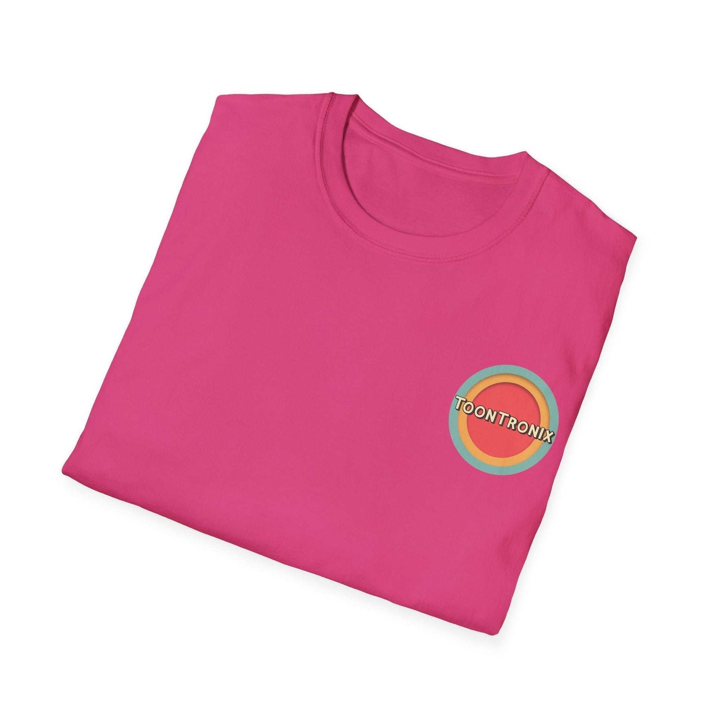 Toontronix Tv Tee Unisex Shirt with ribbed collar in pink fabric, featuring Toontronix logo.