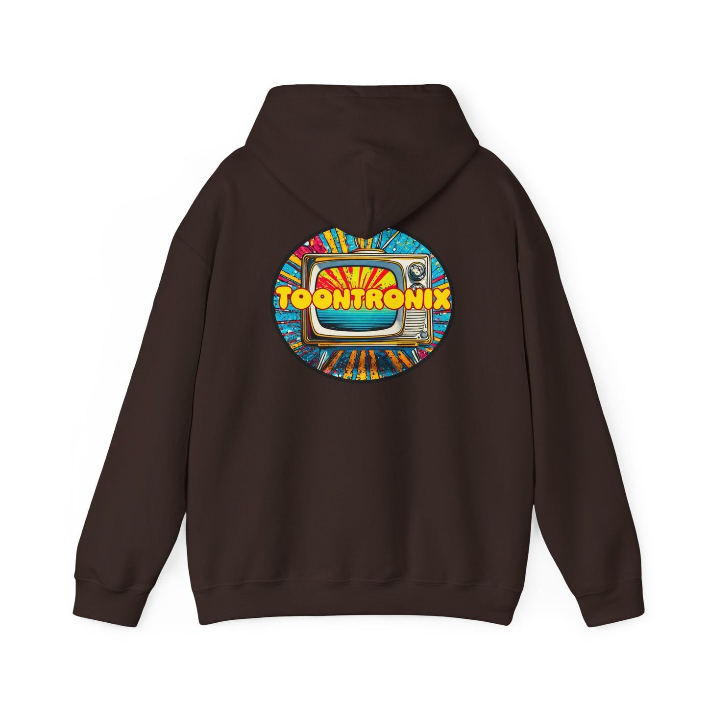 Unisex heavy blend hoodie with bright colorful Toontronix TV graphic on back.