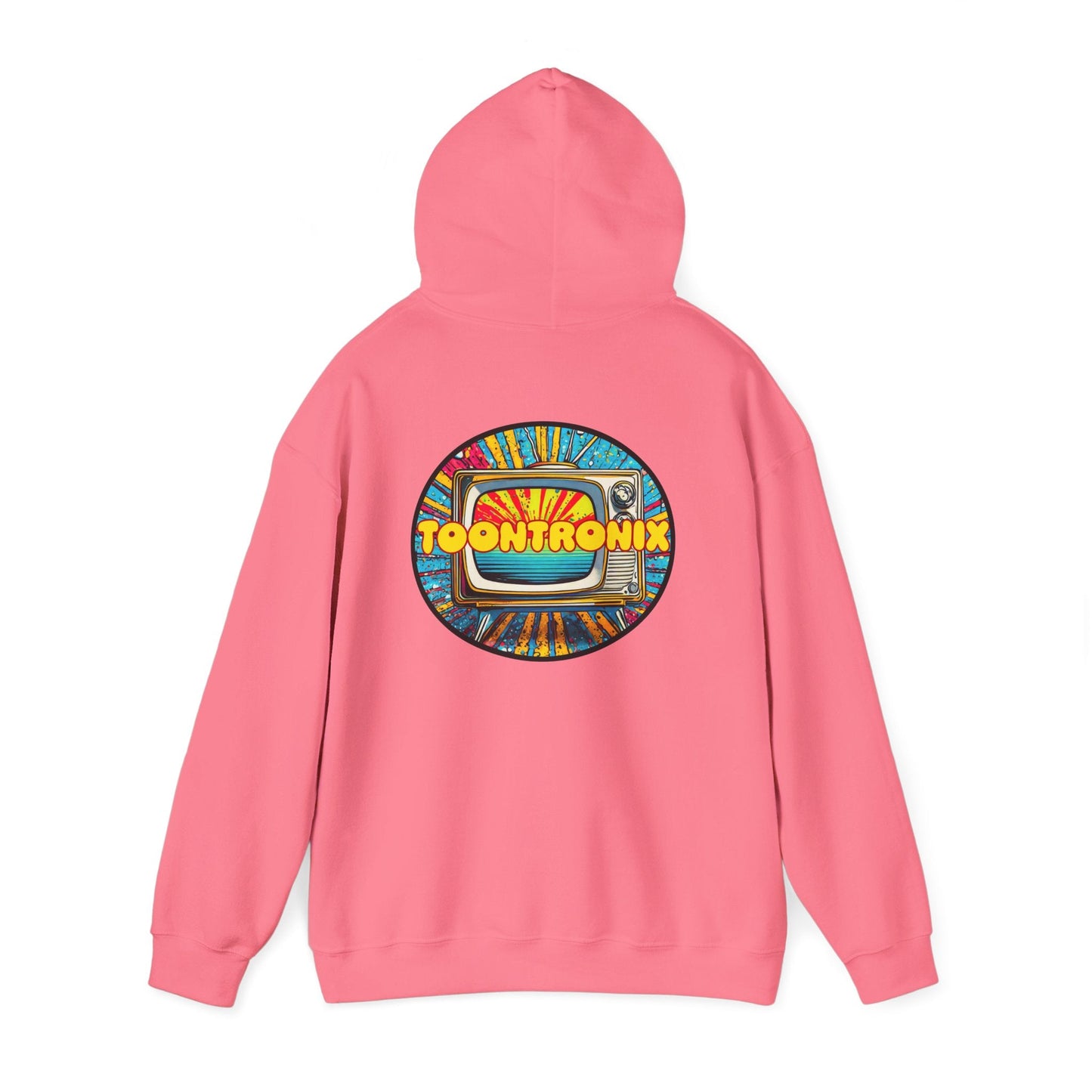 Unisex Toontronix TV Hoodie with vibrant design on the back, featuring kangaroo pocket and drawstring hood in pink.