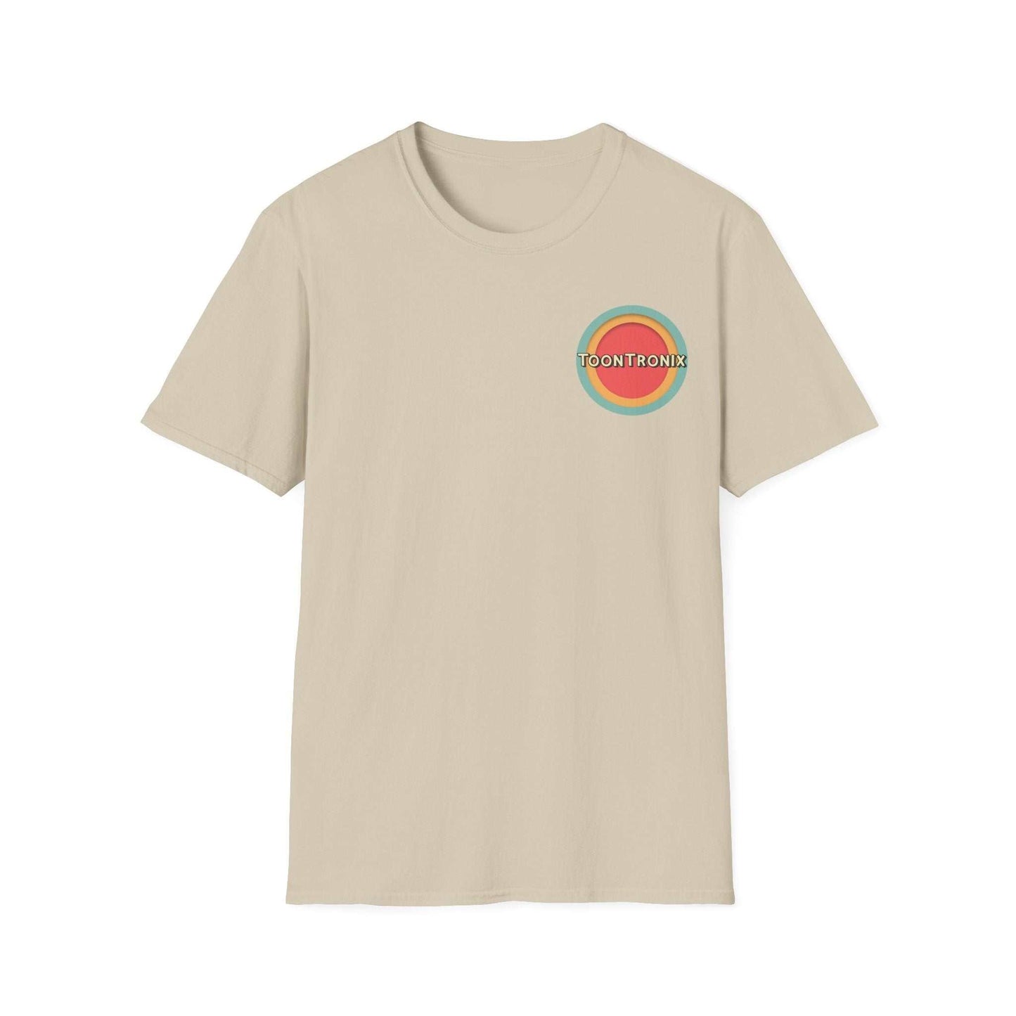 Toontronix Toons Logo Tee with ribbed collar in beige, featuring colorful logo on chest. Ideal for animation fans.