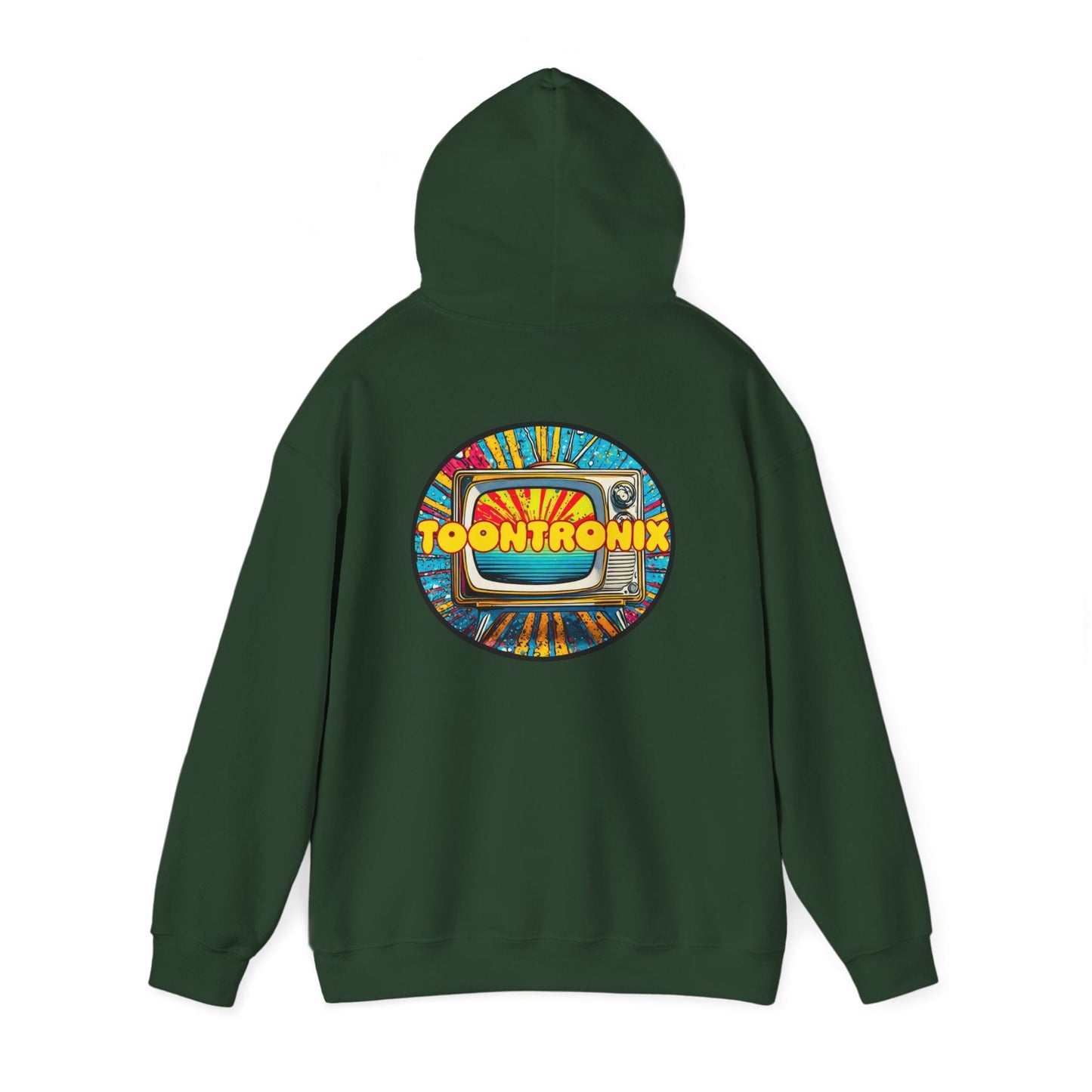 Unisex Toontronix Donut Hoodie with colorful logo, featuring kangaroo pocket and adjustable hood for comfort and style.