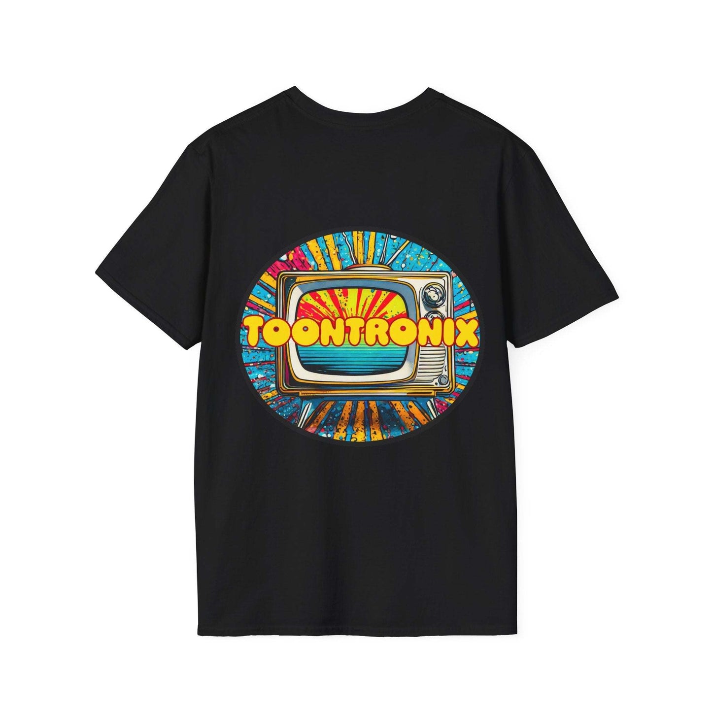 Toontronix Tv Tee Unisex Shirt with colorful television graphic, classic fit, and ribbed collar.