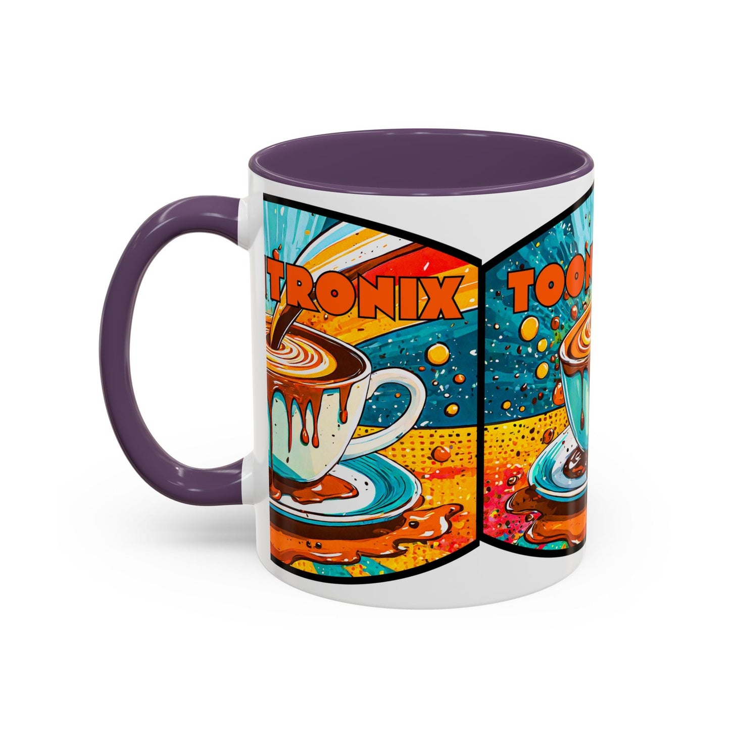 Vibrant ceramic coffee mug with colorful retro art design, ideal for coffee lovers and kitchen decor.