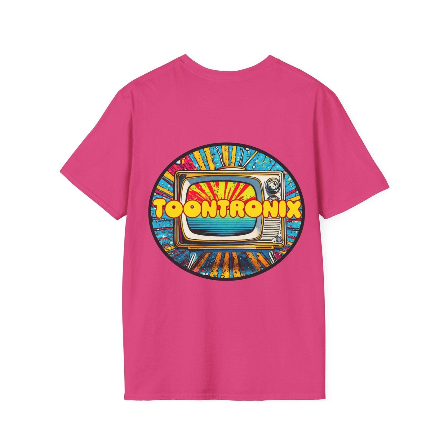 Toontronix Tv Tee Unisex shirt with colorful TV graphic on pink background, classic fit, ribbed collar.
