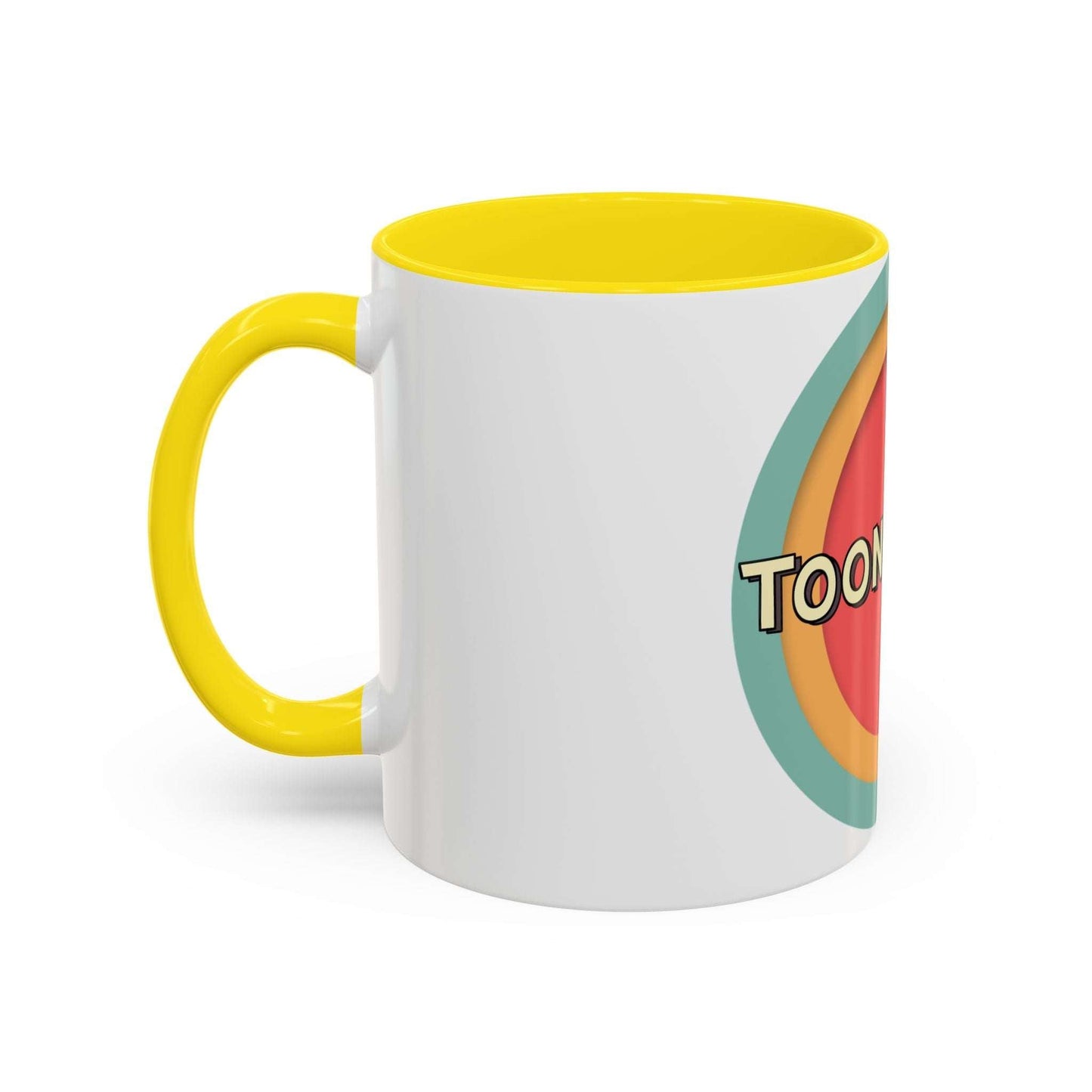 Toontronix Coffee Mug with yellow interior and handle, durable white ceramic, glossy finish.