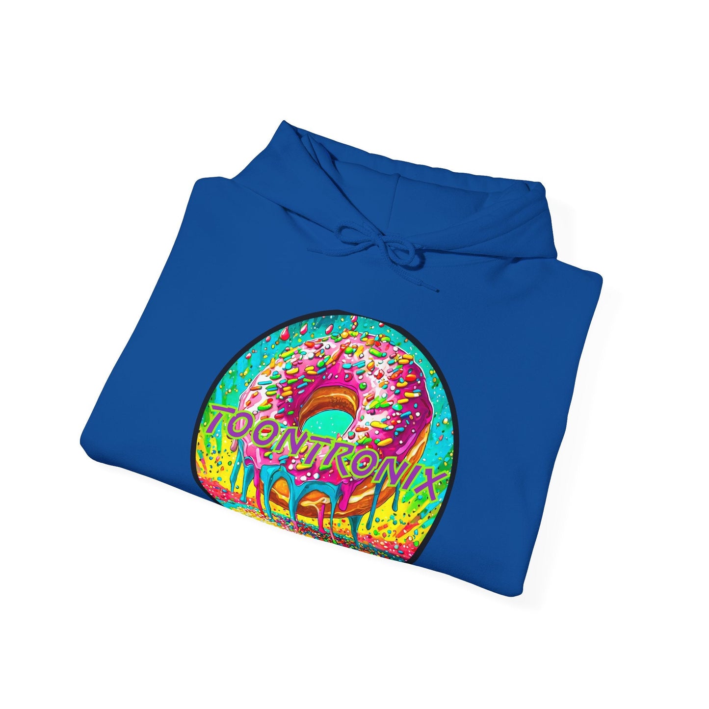 Toontronix Donut Hoodie - Unisex Heavy Blend™, blue sweatshirt with colorful donut design.