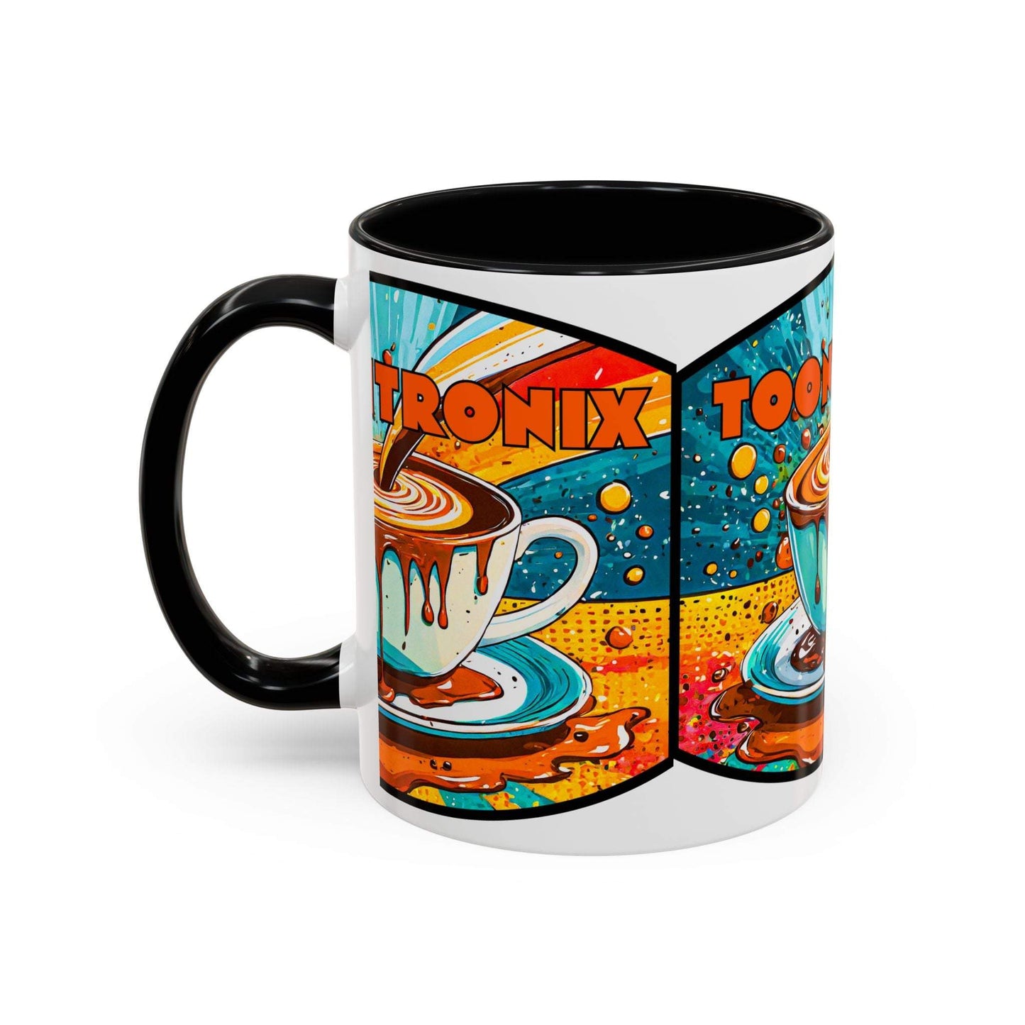 Vibrant coffee mug with colorful retro art design, featuring bold accents on a ceramic cup.