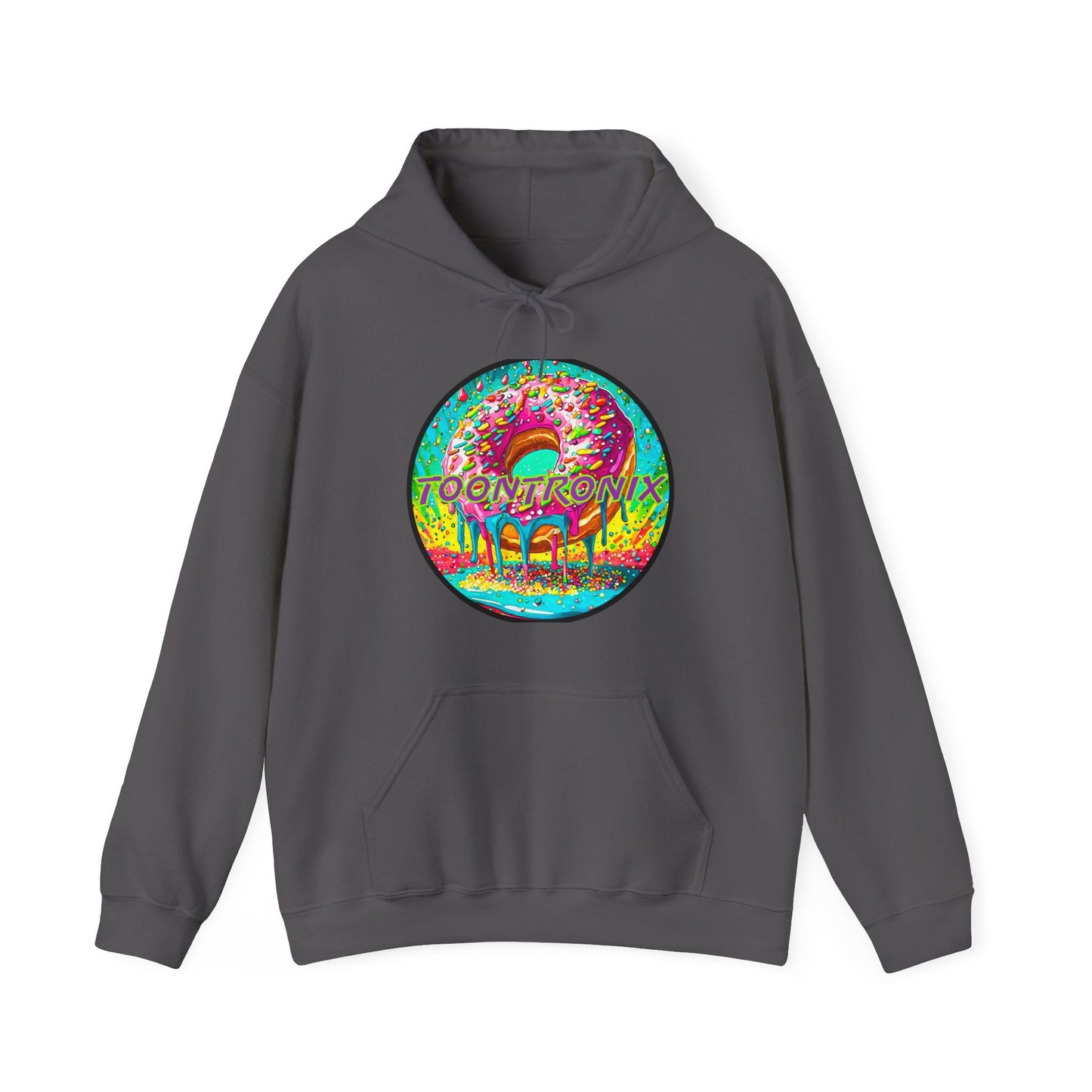 Unisex heavy blend hoodie with colorful donut graphic, featuring a kangaroo pocket and adjustable hood.