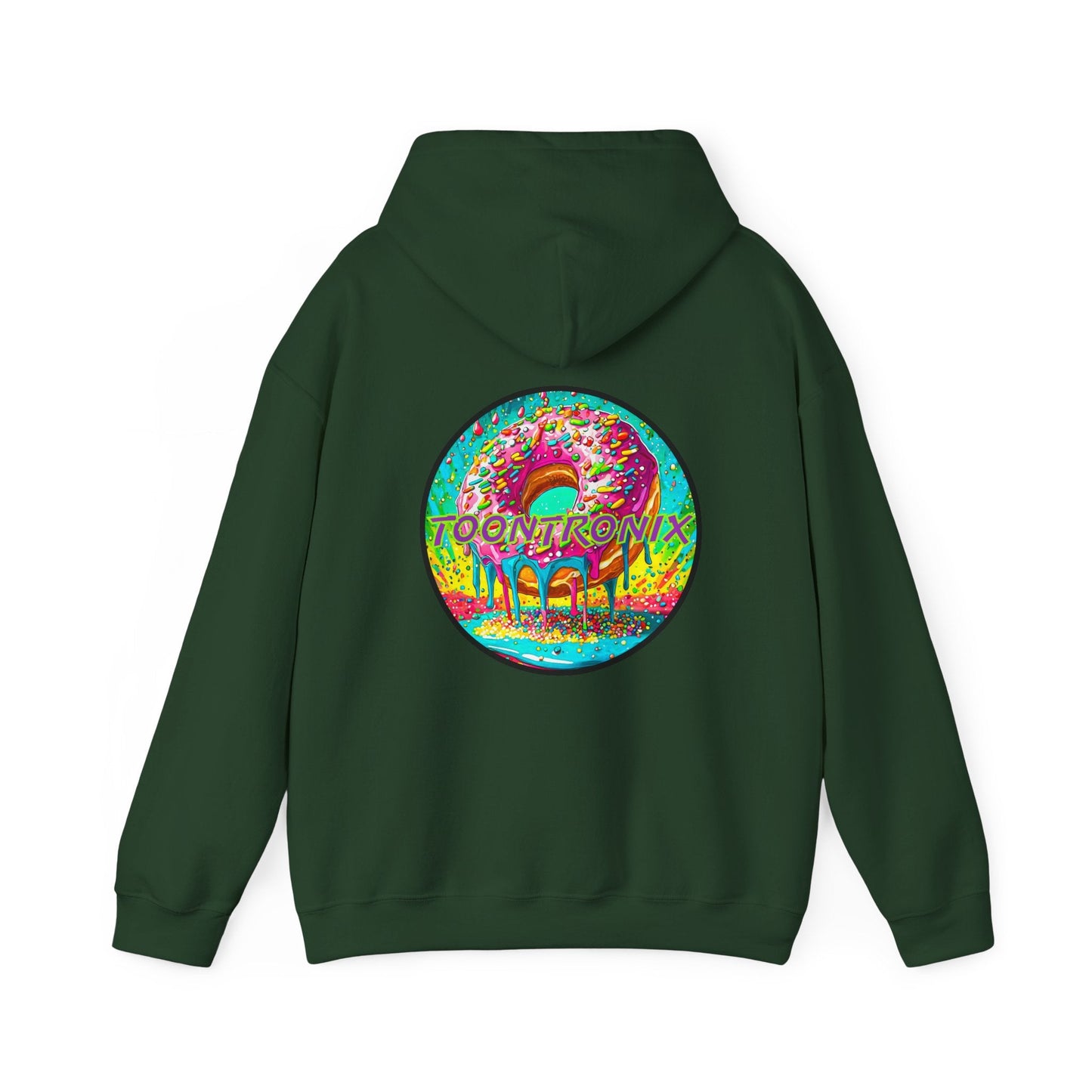 Unisex Toontronix Donut Hoodie with vibrant design, kangaroo pocket, and adjustable hood.