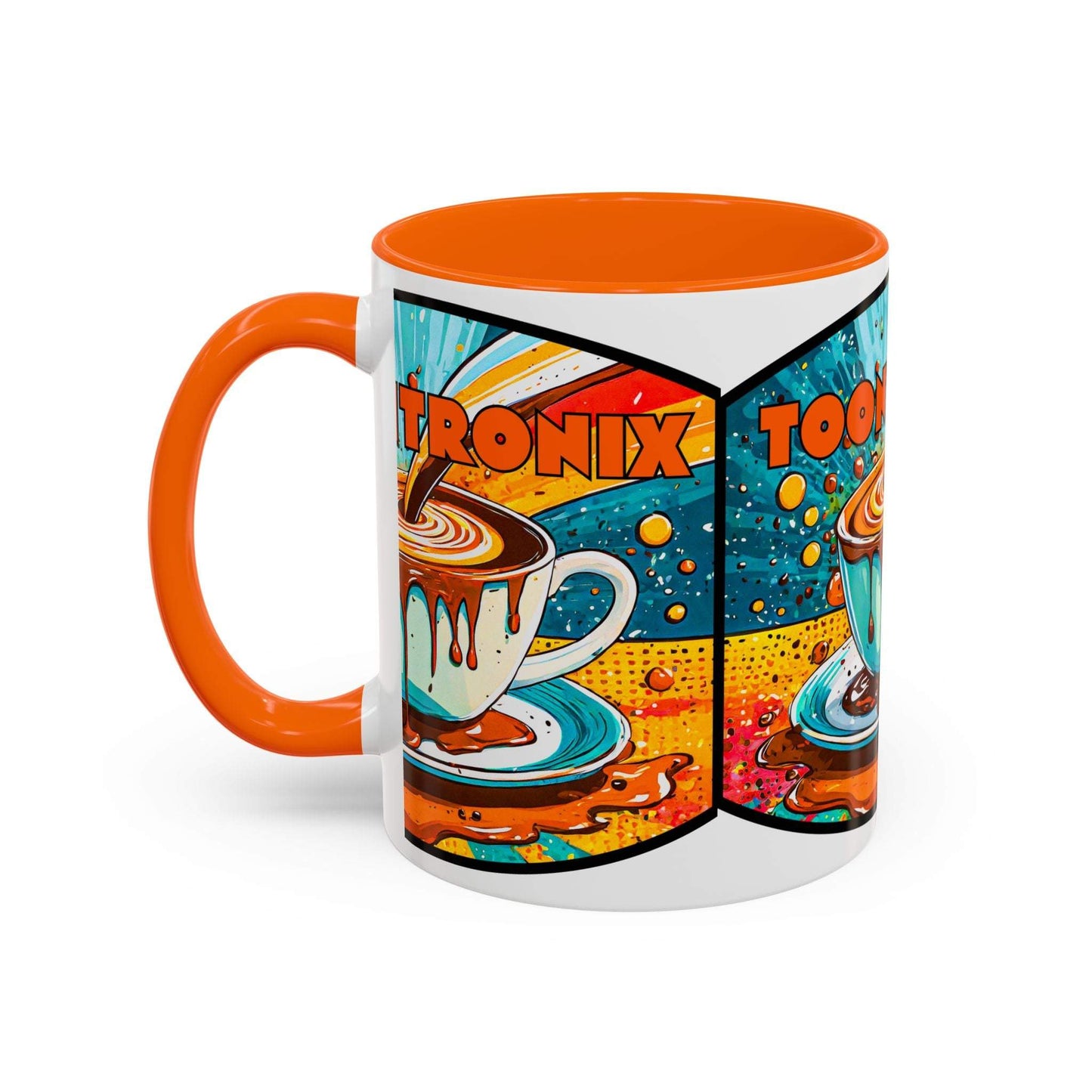 Vibrant coffee mug with colorful retro art design and orange interior.