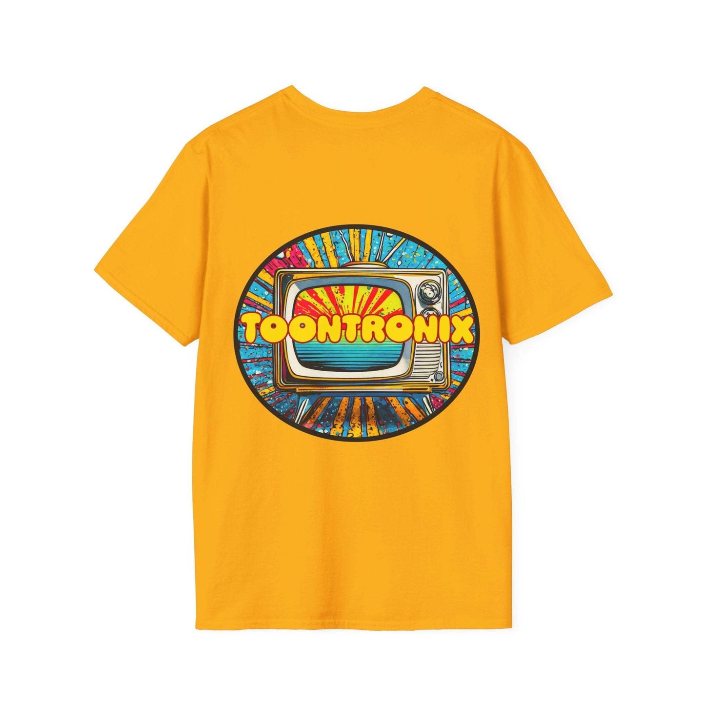 Toontronix Tv Tee Unisex Shirt with colorful retro TV design, perfect for animation fans.