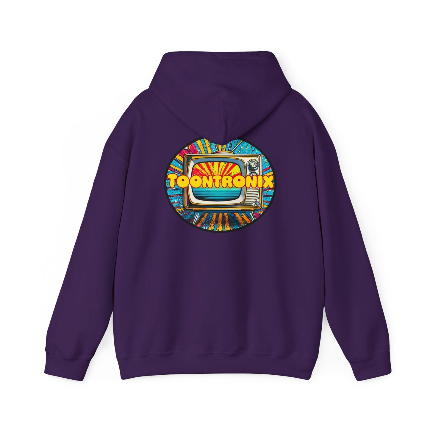 Unisex Toontronix Donut Hoodie with vibrant TV graphic, soft fabric, and kangaroo pocket.