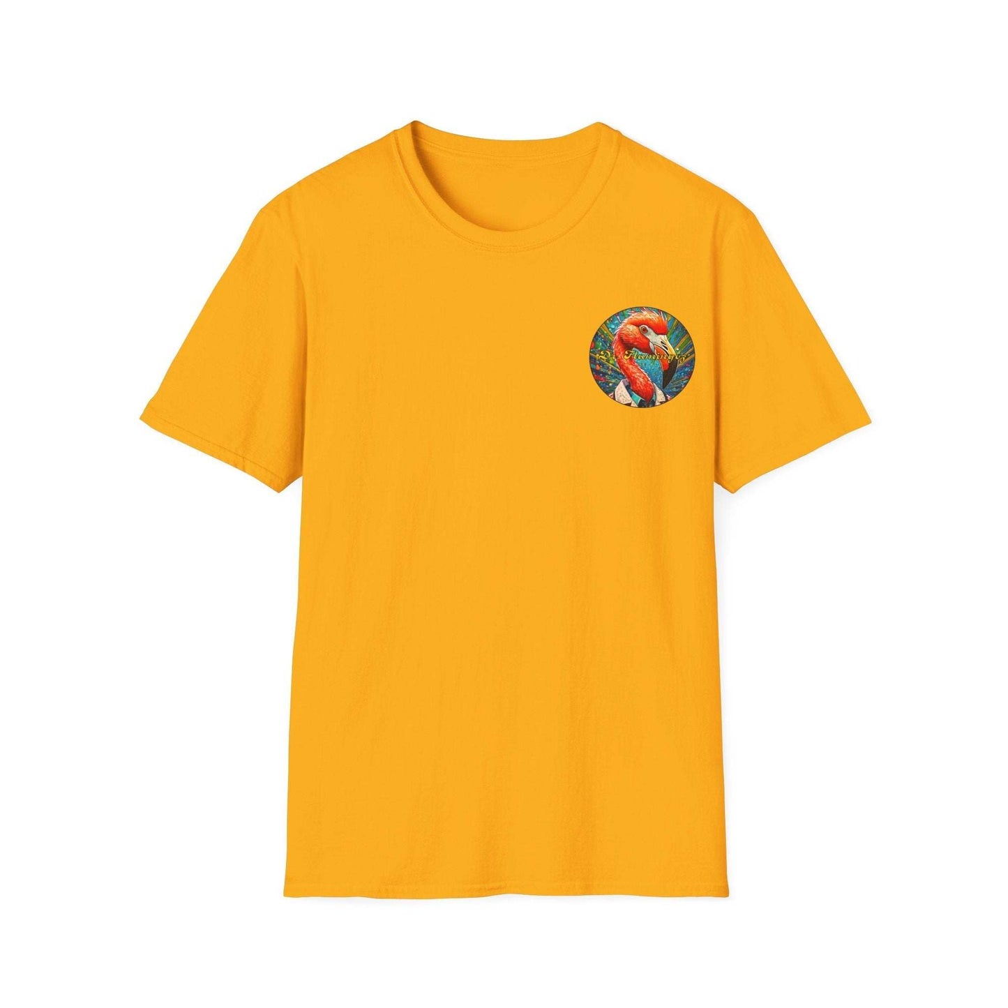 Vibrant Dr. Flamingoz unisex T-shirt with classic fit and ribbed collar, perfect for summer and casual outings.
