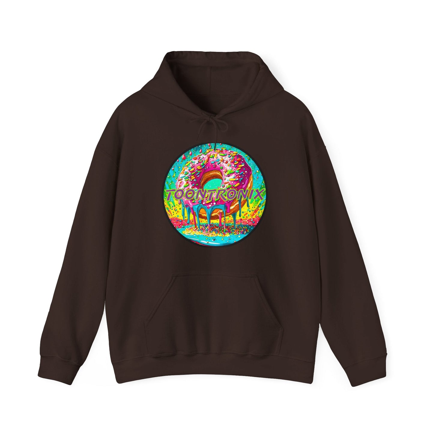 Unisex heavy blend Toontronix Donut Hoodie with colorful graphic, kangaroo pocket, and adjustable hood.