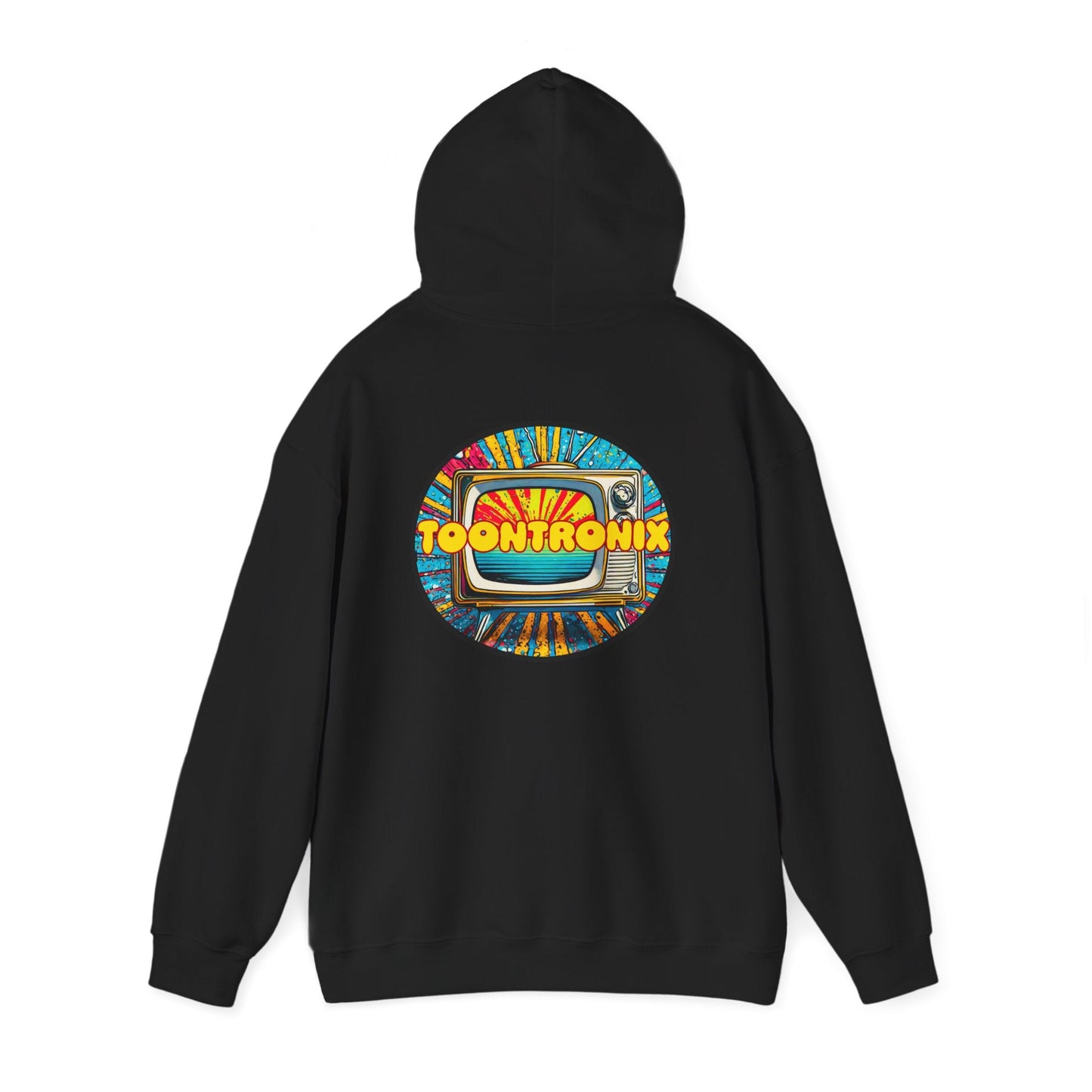 Unisex Toontronix TV Hoodie with colorful back graphic, featuring kangaroo pocket and adjustable hood.