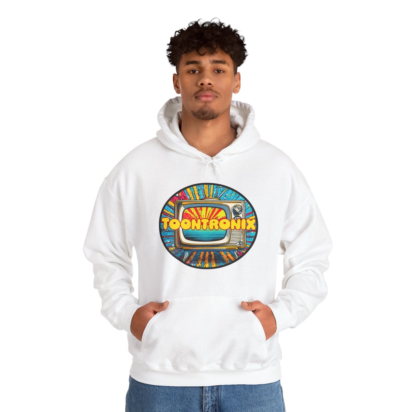 Unisex Toontronix TV Hoodie with colorful graphic, featuring a soft heavy blend fabric, kangaroo pocket, and adjustable drawstring hood.