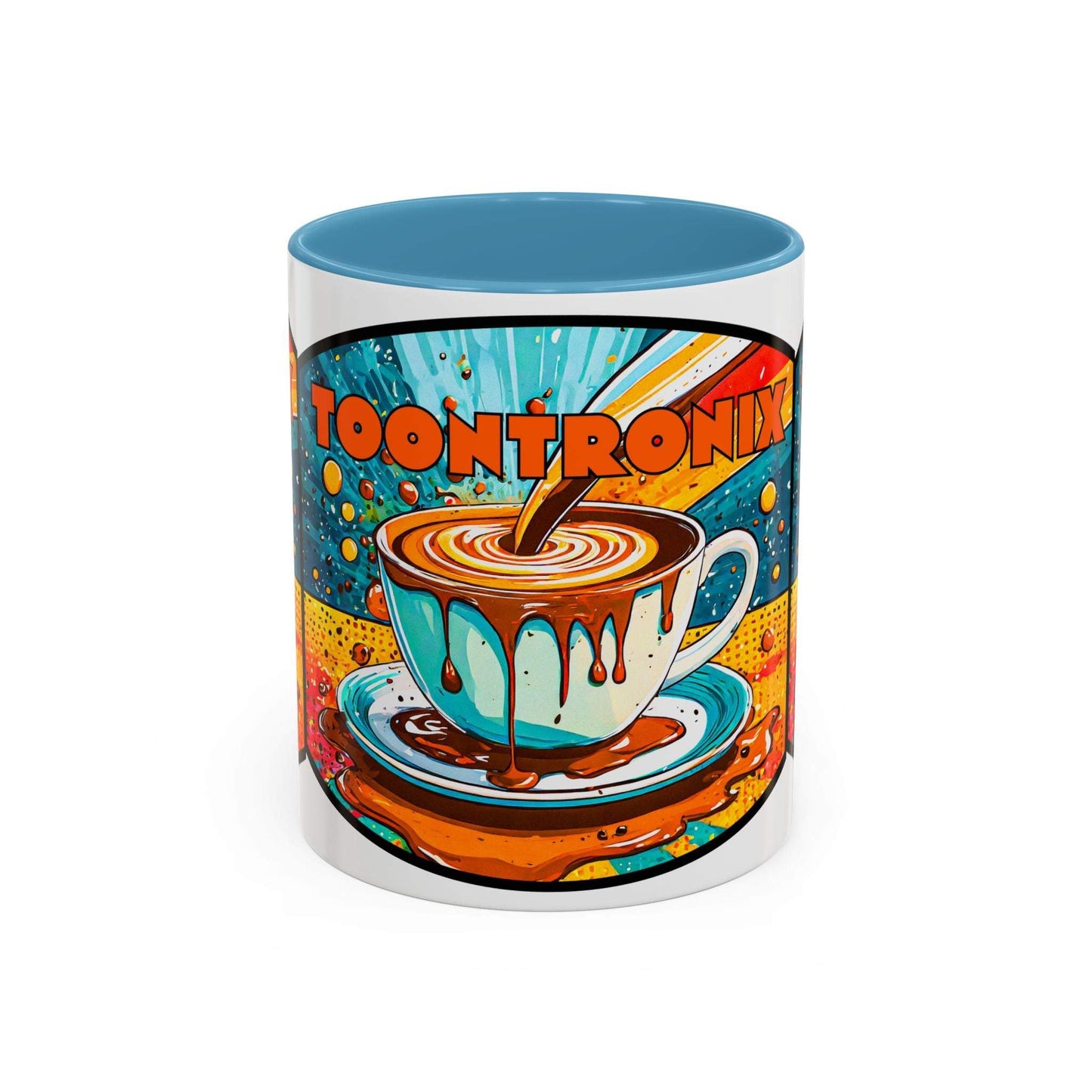 Vibrant coffee mug with colorful retro art design, ceramic cup ideal for coffee lovers.