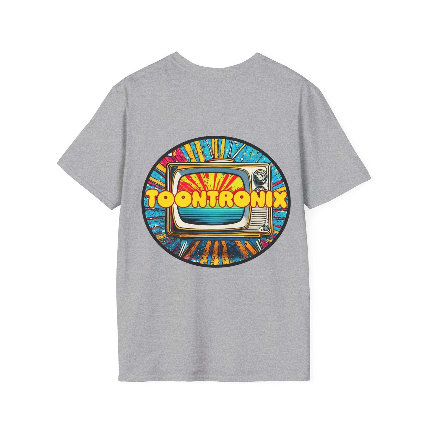 Unisex gray Toontronix Tv Tee with a colorful, vintage TV print on the back.