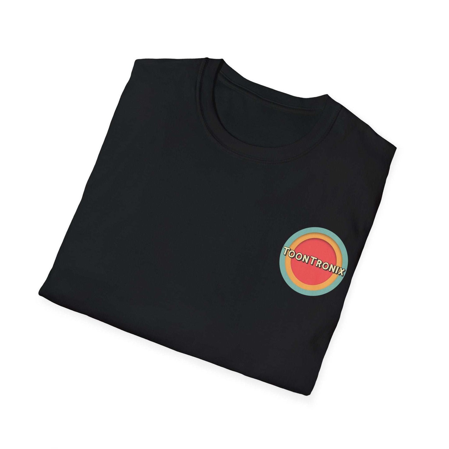 Toontronix Tv Tee Unisex Shirt with logo on classic fit black fabric.