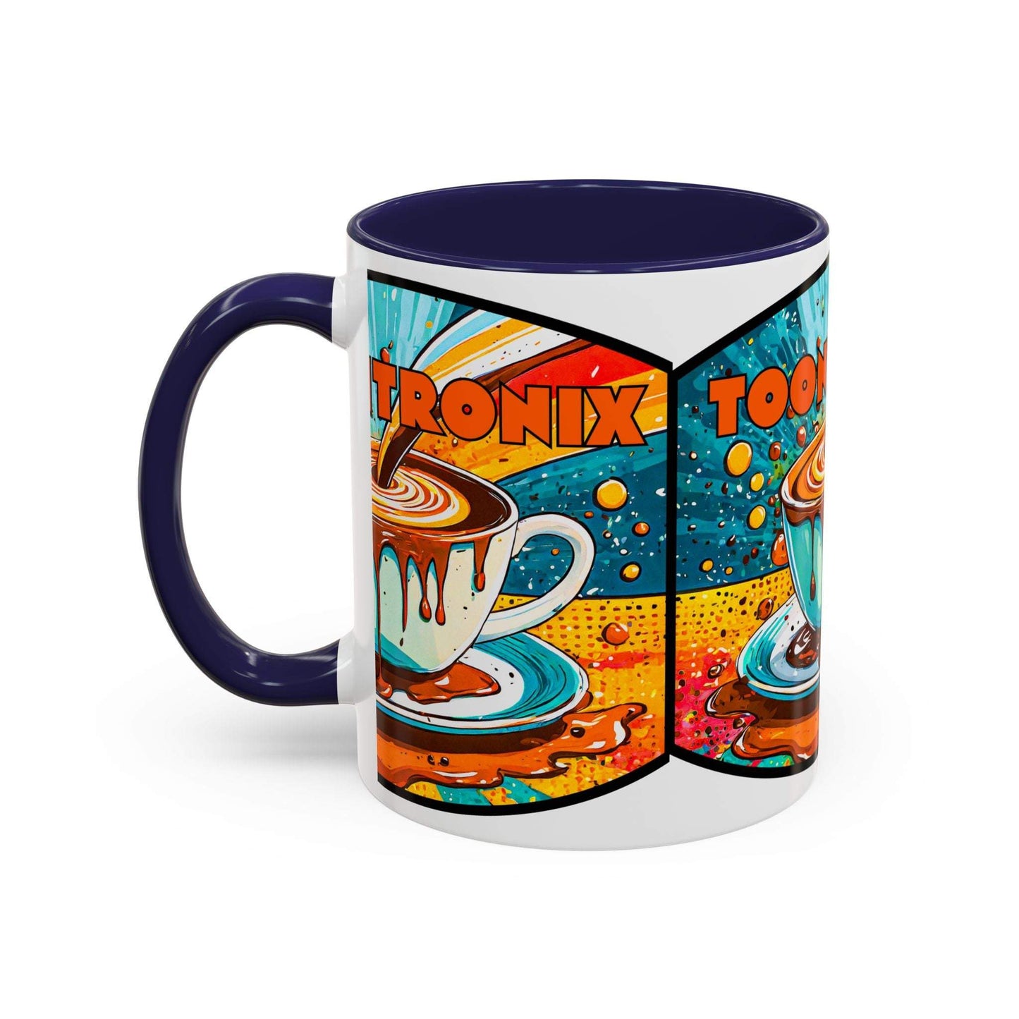 Vibrant ceramic coffee mug with colorful retro art design, perfect for coffee lovers and unique kitchen decor.