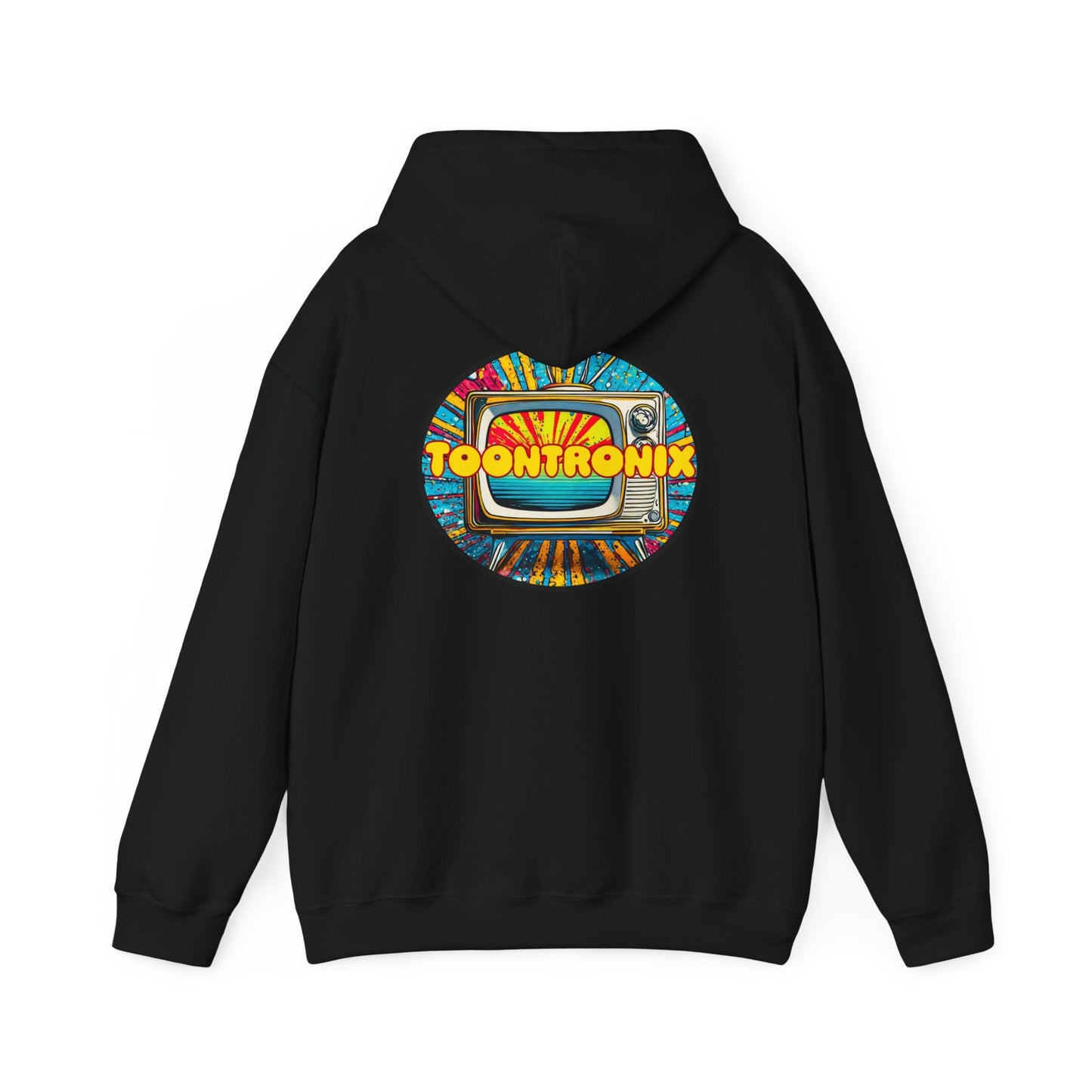 Unisex Toontronix Donut Hoodie with colorful TV graphic and adjustable hood.