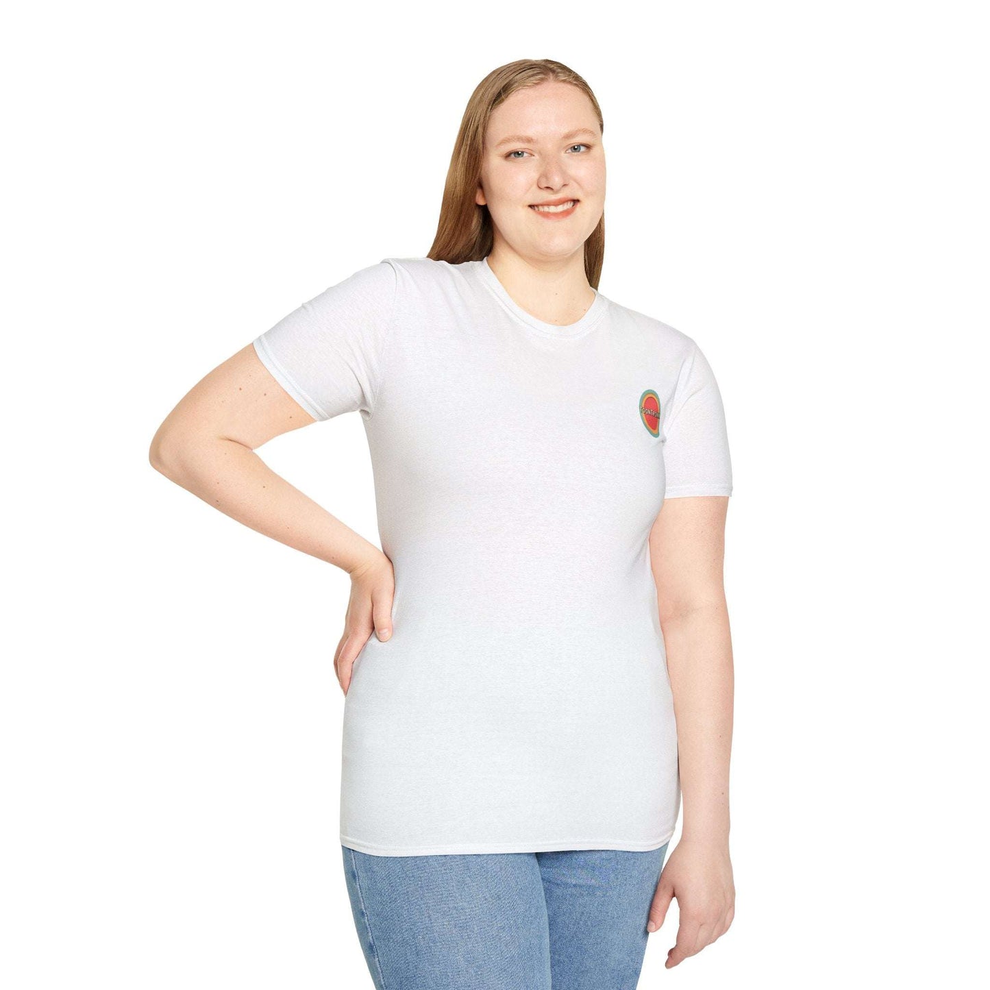 White Toontronix Atomic Tv Tee with vintage cartoon design, worn by a person, showcasing lightweight comfort and classic fit.