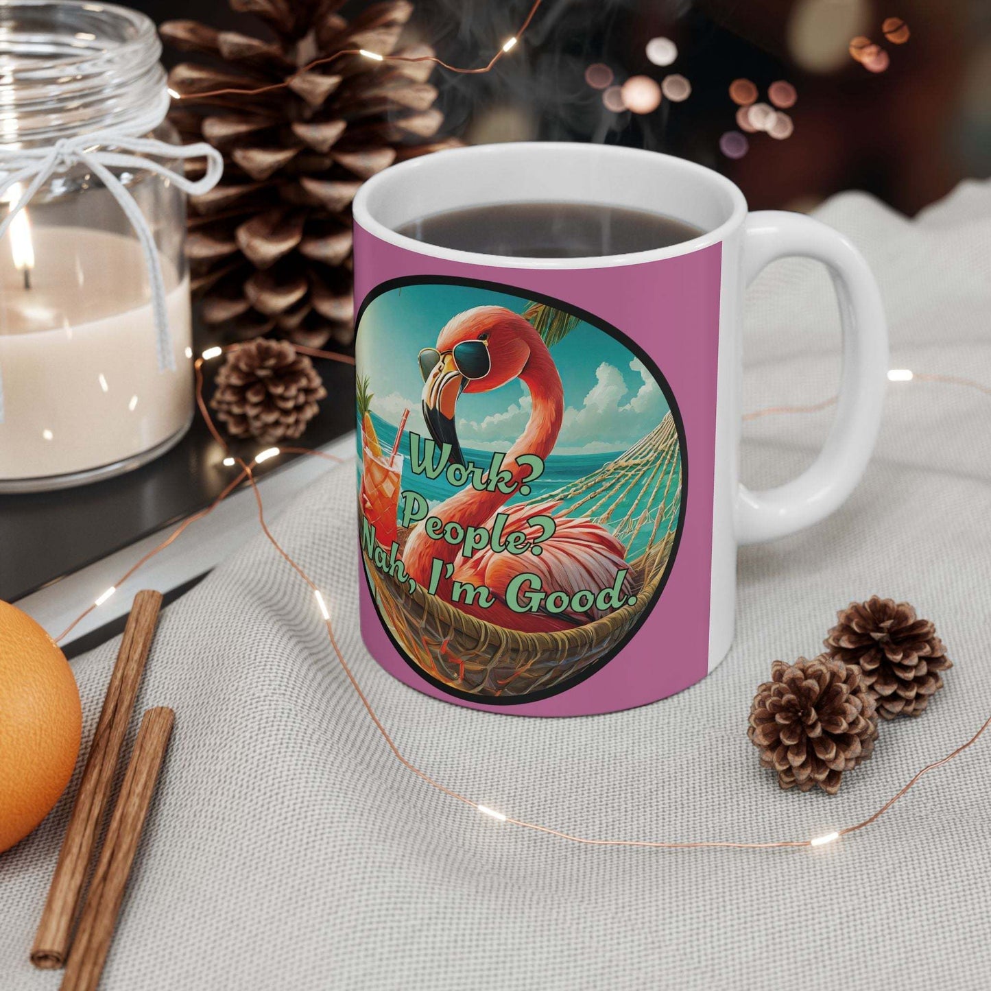 Tropical Flamingo Mug with vibrant design and glossy finish, perfect for coffee or tea lovers.
