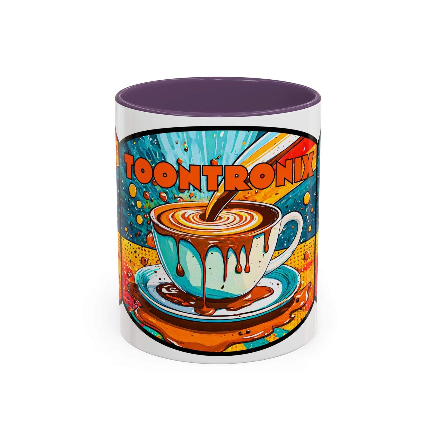 Vibrant coffee mug with colorful retro art design, perfect for coffee lovers, features colorful ceramic and unique kitchen decor.