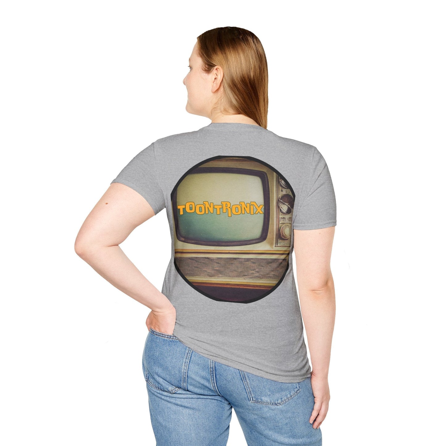 Toontronix Atomic Tv Tee with vintage cartoon design, worn by a person.