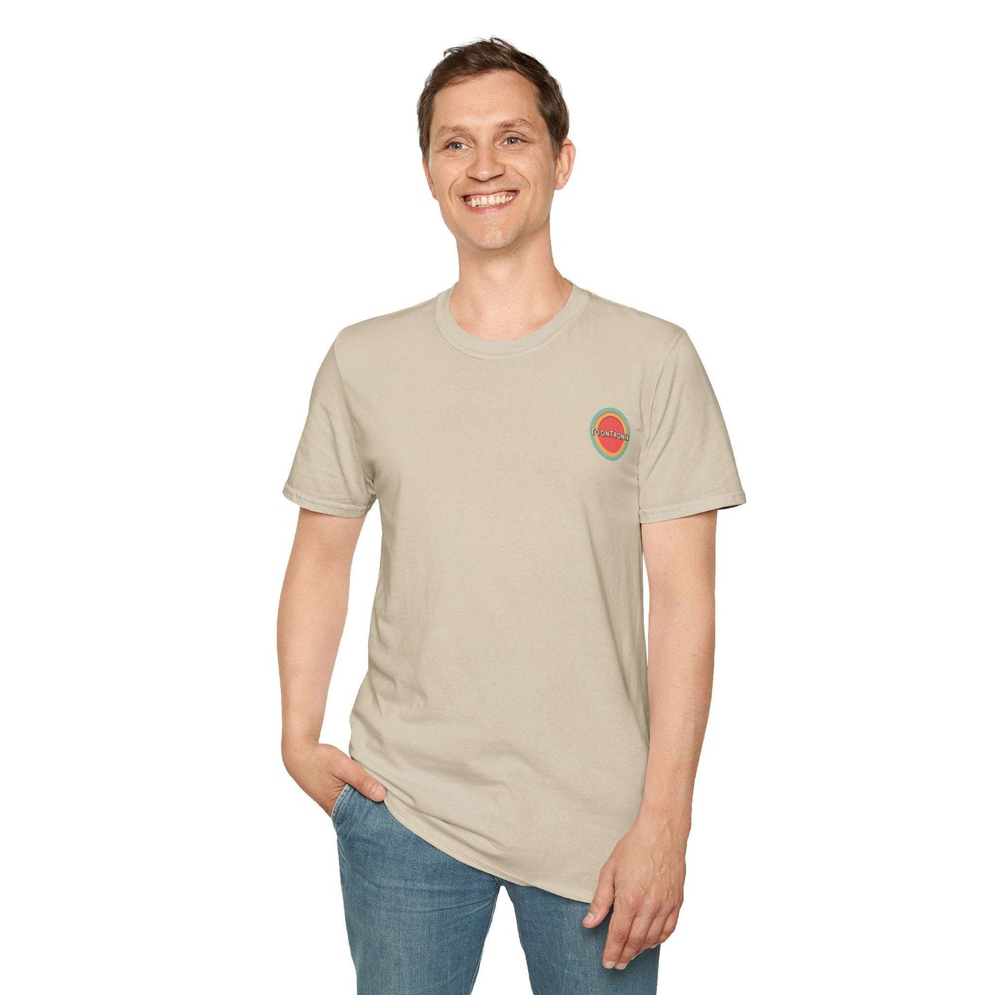 Toontronix Atomic Tv Tee worn by a smiling person, showcasing its vintage cartoon design and casual style.