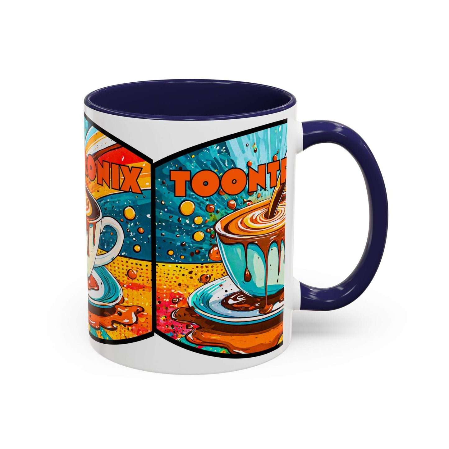Vibrant coffee mug with colorful ceramic design, featuring retro art and a fun tea mug style, ideal for coffee lovers.