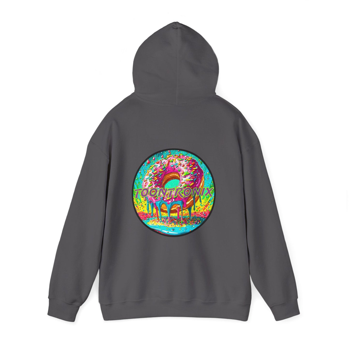 Unisex Toontronix Donut Hoodie with vibrant back design, cozy fit, kangaroo pocket, and adjustable hood.