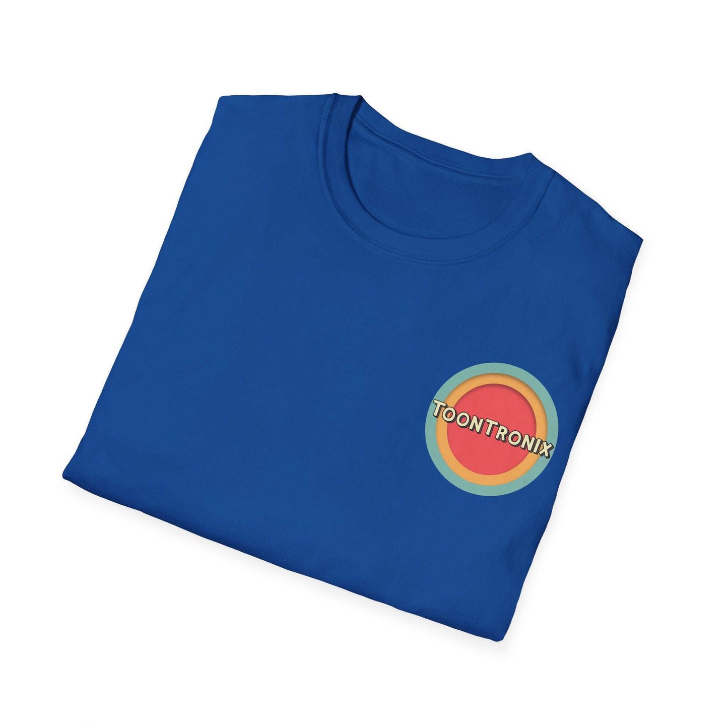 Toontronix Toons Logo Tee in blue with ribbed collar and logo design.