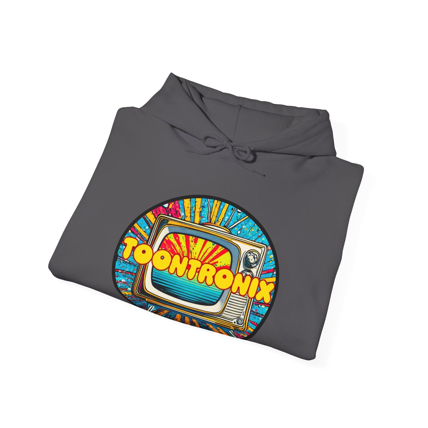 Unisex Toontronix TV Hoodie with vibrant print, cozy fabric, and adjustable hood.