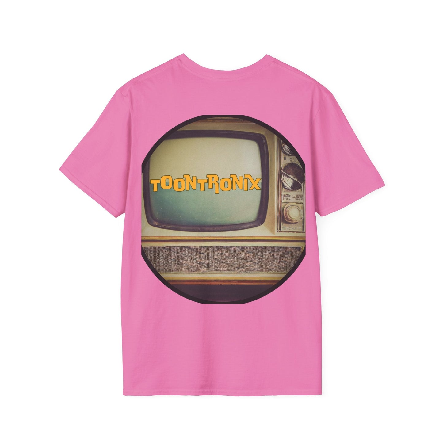 Toontronix Atomic Tv Tee with retro cartoon design on pink background.