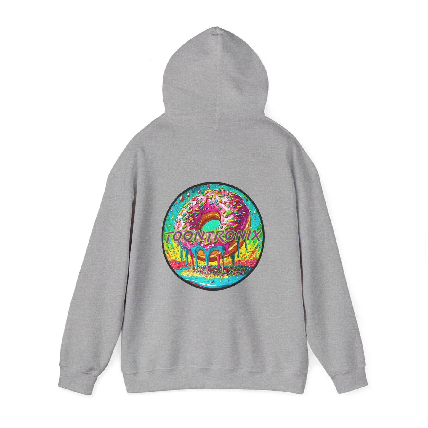 Unisex Toontronix Donut Hoodie with vibrant back print on gray fabric.