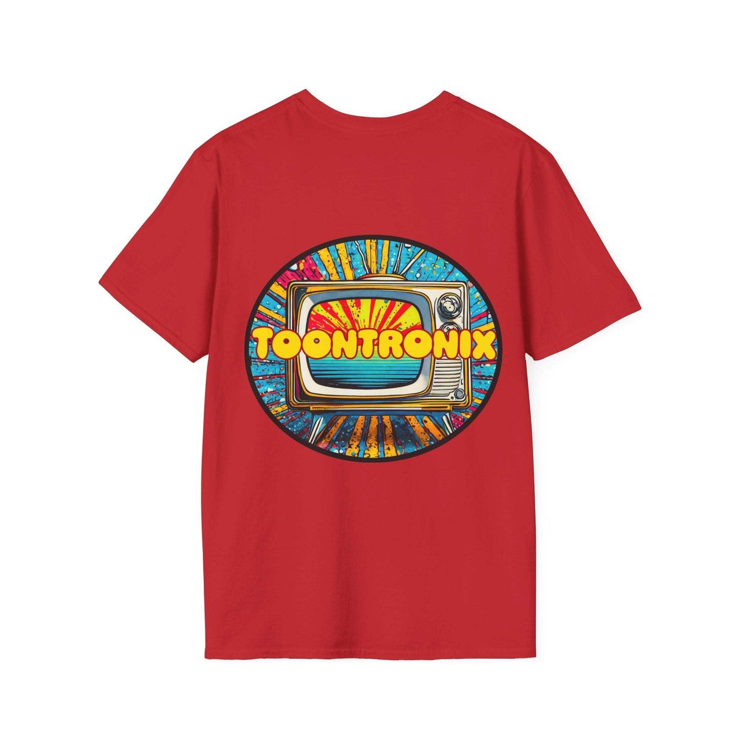 Red Toontronix Tv Tee with retro TV graphic, unisex, 100% cotton.