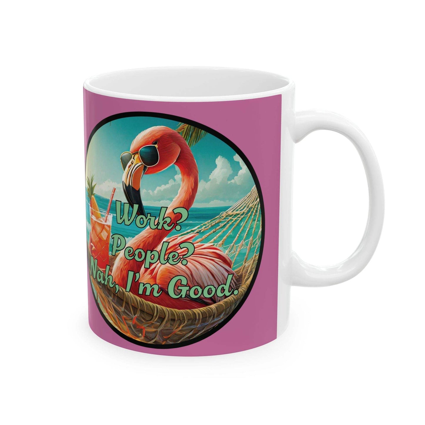 Tropical Flamingo Mug with vibrant beach design, perfect for coffee and summer vibes.