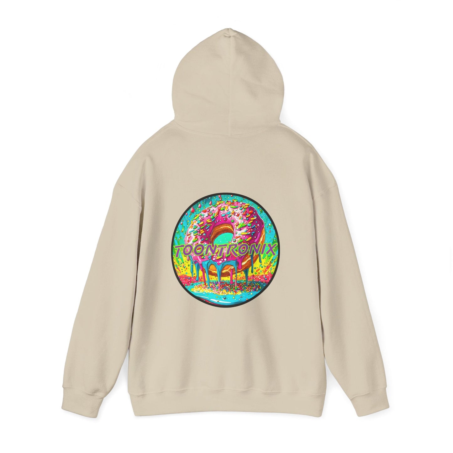 Unisex Toontronix Donut Hoodie with vibrant back print and adjustable hood.